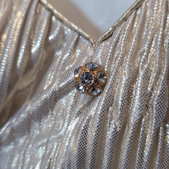 VINTAGE 80s Faux Layer Formal Gown Pleated Metallic Gold Short Sleeve Jacket - Picture 4 of 14